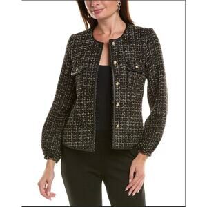 Nanette Lepore Black Gold Tweed Jacket Faux Leather Trim Buttons Sz 8  Career